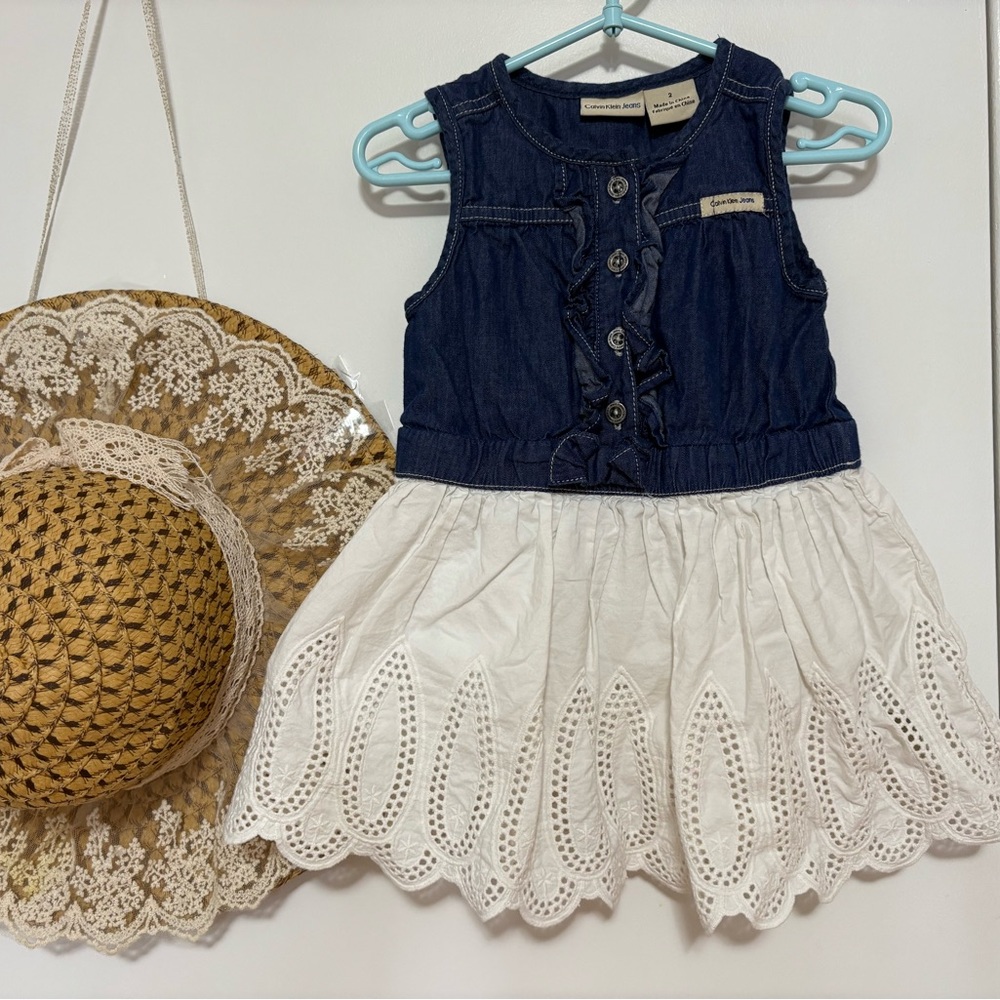 Calvin Klein Denim and White Lace Kids Dress
